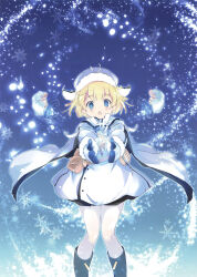  1girl absurdres belt belt_bag blonde_hair blue_eyes boots cape dress fairy fujiwara_warawara fur-trimmed_sleeves fur_trim gloves highres open_mouth original pants scan short_hair snowflakes solo third-party_source white_pants winter_clothes 