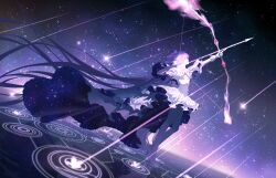  1girl absurdly_long_hair absurdres arrow_(projectile) baizhou_zhi_ying bow bow_(weapon) chinese_commentary commentary_request drawing_bow dress gloves goddess_madoka hair_bow highres holding holding_arrow holding_bow_(weapon) holding_weapon kaname_madoka long_hair magical_girl mahou_shoujo_madoka_magica mahou_shoujo_madoka_magica_(anime) pink_hair shooting_star sky solo space_print star_(sky) starry_sky starry_sky_print two_side_up very_long_hair weapon white_dress white_gloves yellow_eyes 
