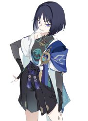  1girl anemo_symbol_(genshin_impact) aqua_gem armor armpit_crease arms_at_sides belt black_belt black_bodysuit black_bow black_hair black_shorts blue_cape blue_kimono blue_sleeves blunt_ends bob_cut body_markings bodysuit bow breasts bridal_gauntlets cape clothing_cutout colored_inner_hair commentary_request contrapposto covered_collarbone eyelashes eyeliner feathers furisode gem genderswap genderswap_(mtf) genshin_impact gold gold_trim grey_bridal_gauntlets grey_hair hakama hakama_shorts hand_on_own_hip hand_on_own_thigh highres hip_vent japanese_armor japanese_clothes juban kimono kote kurokote layered_sleeves looking_at_viewer makeup mandarin_collar medium_breasts multicolored_hair open_clothes open_kimono parted_lips pleated_shorts pom_pom_(clothes) purple_rope purple_sash red_eyeliner retujyo4go rope sash scaramouche_(genshin_impact) short_sleeves shorts side_cape single_bare_shoulder single_off_shoulder smile solo tassel tsurime violet_eyes wanderer_(genshin_impact) white_background white_kimono white_sleeves white_trim wispy_bangs yellow_feathers 