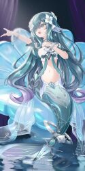  1girl absurdres aqua_eyes aqua_hair blue_eyes breasts fins flower full_body genshin_impact hair_flower hair_ornament head_fins highres jewelry long_hair merfolk mermaid midriff monster_girl navel open_mouth outstretched_arm shell solo torchcho vodyanitsa_(genshin_impact) water 