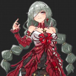  1girl bag bandage_over_one_eye bandaged_arm bandages bare_shoulders black_background braid breasts commentary cowboy_shot detached_collar detached_sleeves dress eaglov earrings english_commentary flower four-pointed_star gradient_clothes gradient_dress grey_eyes grid_background highres jewelry long_hair looking_at_viewer low_twin_braids phrolova_(wuthering_waves) pixel_art red_dress solo spider_lily star_(symbol) star_earrings twin_braids variant_set very_long_hair wuthering_waves 