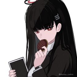  1girl artist_name black_hair black_suit blue_archive breasts daizey_cookie eating food from_side hair_ornament halo highres holding holding_food holding_tablet_pc large_breasts long_hair looking_at_viewer millennium_science_school_logo portrait red_eyes rio_(blue_archive) simple_background solo suit sweater tablet_pc turtleneck turtleneck_sweater white_background white_sweater 