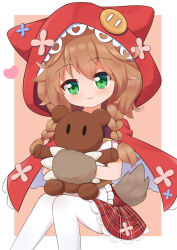  1girl :3 animal_ears animal_hands animal_hood apricotlemontea blush border braid brown_background brown_gloves brown_hair cape closed_mouth commentary_request fake_animal_ears feet_out_of_frame gloves green_eyes hair_between_eyes hair_over_shoulder heart highres hood hood_up hooded_cape hugging_object low_twintails nijisanji pantyhose paw_gloves plaid_clothes plaid_skirt red_cape red_skirt shirt sitting skirt solo stuffed_animal stuffed_toy tail teddy_bear twin_braids twintails virtual_youtuber warabeda_meiji warabeda_meiji_(1st_costume) white_border white_pantyhose white_shirt 