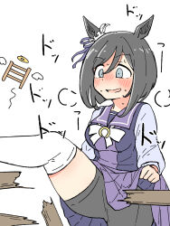  1girl absurdres after_kick animal_ears bike_shorts black_hair blue_eyes blush bob_cut bow bowtie broken_fence clothes_lift eishin_flash_(umamusume) fence hair_between_eyes heavy_breathing highres horse_ears horse_girl leg_up nekomimi_sukinosuke pleated_skirt purple_sailor_collar purple_shirt purple_skirt sailor_collar school_uniform scrunchie serafuku shirt skirt skirt_lift smile solo sweat thigh-highs tracen_school_uniform umamusume versailles_resort_farm white_bow white_bowtie white_scrunchie white_thighhighs 