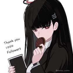  1girl artist_name black_hair black_suit blue_archive breasts daizey_cookie eating food from_side hair_ornament halo highres holding holding_food holding_tablet_pc large_breasts long_hair looking_at_viewer millennium_science_school_logo portrait red_eyes rio_(blue_archive) simple_background solo suit sweater tablet_pc turtleneck turtleneck_sweater white_background white_sweater 