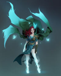  1girl aqua_butterfly aqua_flower armor barefoot belt belt_buckle black_shorts blue_loincloth breasts brown_belt buckle bug butterfly butterfly_necklace cape clenched_hands closed_mouth collarbone commentary concept_art contrapposto dongho_kang dota_(series) dota_2 english_commentary eyelashes facial_mark floating_cape flower full_body glowing_feet gradient_background green_cape green_eyes green_shirt grey_background hair_flower hair_ornament half_chest_guard head_tilt highres light_particles lips loincloth long_hair looking_at_viewer medium_breasts nose official_art pauldrons pelvic_curtain red_hair shirt short_shorts short_sleeves shorts shoulder_armor single_arm_guard single_pauldron solo standing windranger_(dota) 