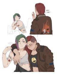  ... 2girls arm_tattoo asymmetrical_hair brown_eyes brown_jacket closed_eyes cyberpunk_(series) cyberpunk_2077 english_text green_hair highres jacket judy_alvarez multicolored_hair multiple_girls open_clothes open_jacket purple_hair red_hair sidecut speech_bubble tattoo tsoo_ah two-tone_hair undercut v_(cyberpunk) valerie_(cyberpunk) 