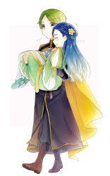  +++ 1boy 1girl black_tunic blue_hair boots braid braided_bangs brother_and_sister brown_boots cape carrying closed_eyes closed_mouth commentary_request cornelius_(honzuki_no_gekokujou) dress flower full_body green_dress green_hair green_shoes grey_eyes hair_bun hair_flower hair_ornament honzuki_no_gekokujou long_dress long_hair long_sleeves looking_at_viewer mary_janes meehituzi myne_(honzuki_no_gekokujou) open_mouth pantyhose princess_carry puff_of_air shoes short_hair siblings simple_background smile tunic twitter_username walking white_background white_pantyhose wide_sleeves yellow_cape 