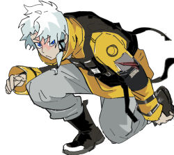  1boy armband bent_back black_armband black_boots black_vest blue_eyes boots breast_pocket chinese_commentary commentary full_body grey_pants hair_tie hand_up high_collar highres invisible_floor jacket kagurabachi looking_at_viewer male_focus official_alternate_costume on_one_knee pants pcg pocket sazanami_hakuri short_hair simple_background sleeve_belt solo vest white_background white_hair yellow_jacket 