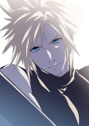  1boy armor blonde_hair blue_eyes closed_mouth cloud_strife final_fantasy final_fantasy_vii final_fantasy_vii_remake hair_between_eyes highres itumoyoutu male_focus short_hair shoulder_armor single_bare_shoulder sleeveless sleeveless_turtleneck solo spiky_hair sweater turtleneck turtleneck_sweater upper_body white_background 
