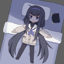  1girl apricotlemontea black_pantyhose blue_archive blue_eyes blue_hairband blue_neckerchief book cardigan closed_mouth commentary_request full_body futon grey_cardigan hairband indoors long_hair long_sleeves lying neckerchief no_shoes on_back on_bed pantyhose pillow puffy_long_sleeves puffy_sleeves sailor_collar shirt sleeves_past_wrists solo ui_(blue_archive) very_long_hair white_sailor_collar white_shirt 