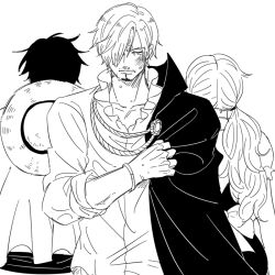  1girl 2boys back bruise cape commentary_request greyscale hat injury mike_(tomatomato244) monkey_d._luffy monochrome multiple_boys nami_(one_piece) one_piece sanji_(one_piece) short_hair simple_background straw_hat tears twintails 