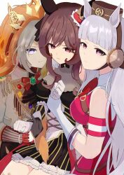  3girls absurdres animal_ears armband black_gloves blue_eyes blunt_bangs brown_hair colored_bangs curtained_hair dress ear_covers ear_ornament gentildonna_(regina_dei_fiori)_(umamusume) gentildonna_(umamusume) gloves gold_ship_(red_strife)_(umamusume) gold_ship_(umamusume) heart-shaped_ornament heart_ear_ornament highres holding_another's_wrist horse_ears horse_girl mirumiru_sennin multicolored_hair multiple_girls orange_hair orfevre_(control)_(umamusume) orfevre_(umamusume) pillbox_hat pink_eyes red_dress red_eyes see-through_cleavage see-through_clothes single_ear_cover striped_armband striped_clothes two-tone_hair umamusume white_gloves white_hair yuri 