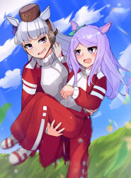  2girls animal_ears aqua_bow blue_sky blunt_bangs blush bow breasts brown_hat carrying clouds ear_bow ear_ribbon gold_ship_(umamusume) grey_hair hat horse_ears horse_girl horse_tail jacket long_hair long_sleeves mejiro_mcqueen_(umamusume) mikagami_jun multiple_girls open_mouth outdoors pants pillbox_hat princess_carry purple_hair red_jacket red_pants red_track_suit running sky smile tail tracen_training_uniform track_jacket track_pants track_suit umamusume violet_eyes 