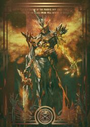  1boy armor asymmetrical_armor bone border commentary_request emblem english_text facing_viewer fake_horns feet_out_of_frame fiery_wings fire flaming_sword flaming_weapon full_armor helmet highres holding holding_sword holding_weapon horned_helmet horns inset_border kamen_rider kamen_rider_falchion kamen_rider_saber_(series) male_focus mumeiken_kyomu ornate_border outside_border paintedmike rider_belt solo standing sword tokusatsu weapon wings wonder_ride_book 