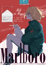  1girl absurdres age_gyoza ahoge blonde_hair blush cigarette closed_mouth english_text expressionless from_side green_jacket hair_between_eyes highres holding holding_cigarette invisible_chair jacket knee_up marlboro no_socks original profile shoes short_hair sitting smoke smoke_trail smoking solo violet_eyes 