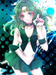  bishoujo_senshi_sailor_moon bow brooch choker gloves green green_eyes green_hair hair_grab jewelry kaiou_michiru long_hair magical_girl pleated_skirt ribbon rladro sailor_collar sailor_neptune skirt smile solo tiara white_gloves 