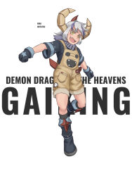  1girl arms_at_sides black_socks blue_boots blue_gloves blue_shirt boots character_name child chinese_commentary clenched_hands clothes_writing colored_eyelashes commentary_request copyright_name daikuu_maryuu_gaiking fangs full_body gaiking gaiking_(dmg) gloves grey_hair highres horns humanization jinri_shijie kneehighs looking_at_viewer mecha_musume mechanical_horns medium_hair multicolored_hair open_mouth overall_shorts overalls pocket purple_scarf purple_streaks scarf shirt short_sleeves simple_background socks solo star_(symbol) star_print streaked_hair white_background yellow_eyes yellow_horns yellow_overalls zipper 