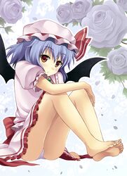  bad_id bare_legs barefoot blue_hair brooch feet flower grey_rose hat highres jewelry legs panties pantyshot pantyshot_(sitting) pantyshot_sitting purple_rose rasahan red_eyes remilia_scarlet rose short_hair sitting soles solo toenail_polish toes touhou underwear upskirt white_hair white_panties wings 