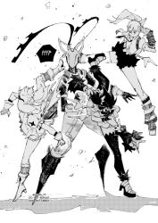  !? 4girls angels_of_delusion aria_(human)_(zenless_zone_zero) aria_(zenless_zone_zero) arm_warmers attack commentary detached_sleeves dress english_commentary gzam_77 humanoid_robot kicking leg_warmers long_sleeves multiple_girls nangong_yu robot robot_girl shoes spoken_interrobang sunna_(zenless_zone_zero) the_god_of_high_school vesper_(zenless_zone_zero) wings zenless_zone_zero 