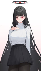  1girl absurdres alternate_costume azurarts black_hair black_halo black_pantyhose black_skirt blue_archive blunt_bangs blush breasts bright_pupils closed_mouth commentary cowboy_shot grey_sweater halo hand_up highres large_breasts long_hair long_sleeves looking_at_viewer multicolored_halo pantyhose pleated_skirt red_eyes red_halo rio_(blue_archive) simple_background skirt solo sweater two-tone_halo very_long_hair white_background 