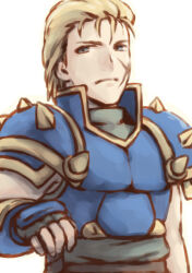  1boy armor closed_mouth commentary_request cross_scar fingerless_gloves fire_emblem fire_emblem:_mystery_of_the_emblem gloves hair_slicked_back looking_at_viewer male_focus ogma_(fire_emblem) pauldrons planted scar scar_on_cheek scar_on_face shoulder_armor spiked_pauldrons spikes upper_body white_background yokutsuki_noa 