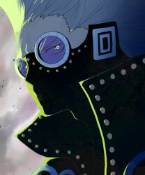  1boy clip_studio_paint_(medium) commentary_request covered_mouth curry_gohan gladius_(one_piece) goggles green_light high_collar male_focus mask one_piece smoke solo 