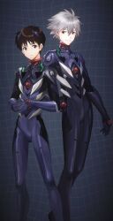  2boys blue_eyes brown_hair closed_mouth grey_hair grid_background hair_between_eyes highres himo_(himodayoo) ikari_shinji male_focus mecha_pilot_suit multiple_boys nagisa_kaworu neon_genesis_evangelion plugsuit_(evangelion) rebuild_of_evangelion red_eyes skin_tight standing 