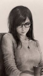  1girl chair collarbone cup final_fantasy final_fantasy_vii final_fantasy_vii_remake glasses graphite_(medium) highres holding holding_cup jewelry knandraw long_hair monochrome necklace on_chair sitting sweater tifa_lockhart traditional_media 