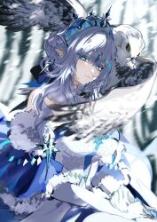  1girl absurdres anastasya_feodorovna_snezhnaya animal_on_shoulder bare_shoulders bare_tree beak bird bird_on_shoulder bird_wings black_bow blue_eyes blue_flower blue_gem blue_rose blurry blurry_background bow braid braided_bun breasts closed_mouth colored_eyelashes day dress drill_hair drill_sidelocks earrings elbow_gloves expressionless feathered_wings flower forest fur-trimmed_robe fur_trim gem genshin_impact gloves hair_between_eyes hair_bow hair_bun head_chain highres jewelry kokoshnik large_breasts looking_at_viewer magnet_8_8 nature outdoors owl pointy_ears robe rose royal_robe short_hair_with_long_locks sidelocks snow snowflake_earrings snowflake_pupils snowing solo strapless strapless_dress symbol-shaped_pupils tree white_dress white_gloves wings winter yellow_eyes yellow_gem 