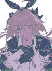  1boy 1girl absurdres acid_(t566cs7a) astolfo_(fate) astolfo_(saber)_(fate) blush bow chinese_commentary commentary_request fate/grand_order fate_(series) fujimaru_ritsuka_(female) hair_bow highres long_hair looking_at_viewer male_focus multicolored_hair muted_colors pink_hair simple_background smile solo_focus trap upper_body white_background 
