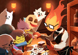  1girl 2others 4boys :3 absurdres androgynous apron bar_(place) bird_girl black-framed_eyewear black_apron black_bow black_bowtie black_sclera blue_sweater blush bow bowtie brown_hair card closed_eyes closed_mouth colored_sclera colored_skin commentary_request deltarune dog_boy frisk_(undertale) furry furry_female furry_male glasses greater_dog grillby highres holding holding_card indoors ketchup_bottle lesser_dog long_sleeves looking_at_another multiple_boys multiple_others one_eye_closed opaque_glasses playing_card rectangular_eyewear red_bird_(undertale) sans_(undertale) shirt short_hair skeleton smile sweat sweater tongue tongue_out ugly_fish utdr_(toby_fox) watawata22 white_eyes white_shirt yellow_skin 