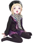  blonde_hair blush copyright_request face hat legs long_hair moke open_mouth pantyhose scarf school_uniform sitting skirt solo tongue tongue_out 