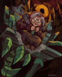  absurdres aqua_trim baba_(deadlock) bench bird bird_on_hand commentary deadlock_(game) english_commentary glasses headscarf highres jacket old old_woman on_bench opaque_glasses pigeon purple_jacket red_headscarf shardikart 