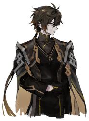  1boy antenna_hair armor black_cape black_changpao black_gloves black_shirt black_tabard blonde_hair brown_hair cape changpao chinese_clothes closed_mouth covered_collarbone eyeshadow genshin_impact gloves gradient_hair hair_between_eyes hand_on_own_hip long_hair long_sleeves looking_to_the_side low_ponytail makeup male_focus mandarin_collar mu4807119040930 multicolored_hair official_alternate_costume pale_skin ponytail red_eyeshadow shirt shoulder_armor simple_background solo tabard two-sided_cape two-sided_fabric two-tone_hair very_long_hair white_background yellow_cape yellow_eyes zhongli_(genshin_impact) zhongli_(lantern_rite)_(genshin_impact) 
