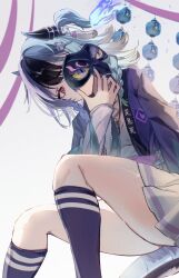  1girl achichi_mela aqua_hair black_hair black_horns black_mask commentary_request eye_mask fire_hair_ornament fukiya_(fumiakitoyama) hair_ornament hairclip happi highres holding holding_mask hololive horns japanese_clothes long_hair looking_at_viewer mask multicolored_hair nail_polish one_eye_covered pink_eyes purple_hair purple_happi solo split-color_hair tassel tassel_hair_ornament two_side_up unworn_mask virtual_youtuber 