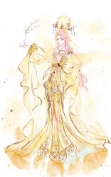  1girl absurdres bare_shoulders binbin_wuli_('(00)') brown_eyes chinese_commentary closed_mouth commentary_request crown dress fern formless_truth_(infinity_nikki) full_body gold_crown gold_necklace hagoromo half_updo hand_on_own_chest happy highres holding_vase infinity_nikki jewelry lipstick long_dress long_hair long_sleeves makeup moon necklace nikki_(nikki) nikki_(series) off-shoulder_dress off_shoulder outstretched_arm partial_commentary pink_hair pink_lips pleated_dress puffy_long_sleeves puffy_sleeves see-through_clothes see-through_veil shawl simple_background smile solo standing veil very_long_hair wavy_hair white_background yellow_dress yellow_veil 