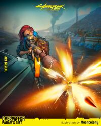  1girl artist_name asymmetrical_hair brown_jacket bullet copyright_logo copyright_name cyberpunk_(series) cyberpunk_2077 cyberpunk_trading_card_game day english_text firing green_eyes gun highres holding holding_gun holding_weapon jacket logo mooncolony muzzle_flash one_eye_closed outdoors red_hair rifle sidecut smoke sniper_rifle solo undercut v_(cyberpunk) valerie_(cyberpunk) weapon 