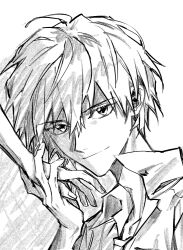  2boys closed_mouth dress_shirt hair_between_eyes himo_(himodayoo) holding_hands ikari_shinji male_focus multiple_boys nagisa_kaworu necktie neon_genesis_evangelion out_of_frame shirt short_hair simple_background solo_focus white_background 