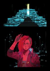  1girl asymmetrical_hair brown_jacket commentary_request cyberpunk cyberpunk_(series) cyberpunk_2077 highres jacket open_clothes open_jacket red_hair sidecut spicy_soup undercut upper_body v_(cyberpunk) valerie_(cyberpunk) 
