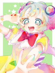  1girl absurdres aqua_hair blonde_hair blue_hair bow bowtie commentary_request dreamy_chelsea dress green_background hair_ornament highres magical_girl mahou_shoujo_ikusei_keikaku mahou_shoujo_ikusei_keikaku_breakdown multicolored_eyes multicolored_hair ocnccncn open_mouth pink_hair purple_hair red_bow red_bowtie red_nails short_hair star_(symbol) star_print star_symbol_background v 