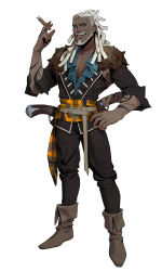  1boy absurdres ankle_boots arm_tattoo beard_stubble belt belt_buckle black_pants black_shirt blue_eyes boots brown_belt brown_boots brown_sash buckle cigar collarbone commentary concept_art dark-skinned_male dark_skin dongho_kang dreadlocks english_commentary facial_hair finn_(halcyon_zero) frilled_shirt frills full_body fur_trim gun halcyon_zero hand_on_own_hip hand_up handgun highres holding holding_cigar long_hair looking_at_viewer male_focus mustache_stubble nose official_art open_mouth pants pectoral_cleavage pectorals shirt simple_background smile smoking solo standing stubble tattoo teeth toned toned_male untucked_shirt weapon white_background white_hair 