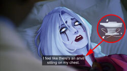  1girl anvil arrow_(symbol) blue_hair blue_sclera bruise bruise_on_face colored_sclera commentary deadlock_(game) english_commentary english_text facial_mark forehead_mark gameplay_mechanics ghost_girl head_on_pillow injury lying makeup mascara no_pupils open_mouth pillow purple_lips qoiifi runny_makeup subtitled teeth triangle triangle_facial_mark upper_teeth_only vindicta_(deadlock) white_eyes 