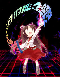  1girl black_background black_sandals blazer brown_hair commentary_request dress fire full_body grid_background hiyou_(kancolle) holding holding_scroll jacket jewelry kantai_collection long_hair long_sleeves looking_afar looking_up magatama magatama_necklace necklace open_mouth pink_fire platform_sandals red_dress sandals scroll solo sorcerer's_sutra_scroll touhou uriah-oyu violet_eyes white_jacket 