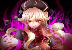  1girl black_background black_dress black_hat blonde_hair breasts chinese_clothes closed_mouth commentary_request crescent crescent_print dalachi_(headdress) dress empty_eyes energy eyelashes fingernails floating_hair hair_between_eyes hand_up hat junko_(touhou) large_breasts long_hair long_sleeves looking_at_viewer mandarin_collar neck_ribbon phoenix_print pom_pom_(clothes) red_eyes red_lips red_tabard ribbon sakihana_sumire_(hujr3577) sidelocks simple_background smile solo tabard tassel touhou upper_body v-shaped_eyebrows very_long_hair wavy_hair wide_sleeves yellow_ribbon 
