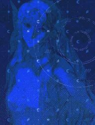  1girl blue_background blue_theme closed_mouth commentary crescent esyil207 expressionless head_tilt highres long_hair looking_at_viewer monochrome original solo star_(symbol) upper_body 