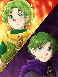  2boys cape closed_mouth commentary dated english_commentary fingerless_gloves fire_emblem fire_emblem:_the_binding_blade gloves green_gloves highres krissekovacs looking_at_viewer lugh_(fire_emblem) male_focus multiple_boys purple_cape raigh_(fire_emblem) signature smile upper_body yellow_cape 