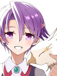  1girl :d absurdres ascot bird collared_shirt commentary curtained_hair eiyuu_densetsu english_commentary falcon gem green_gem hair_between_eyes hair_ornament hairclip highres kaishain_ichigo kloe_rinz looking_at_viewer open_mouth parted_bangs pink_gem portrait purple_hair shirt short_hair sieg_(eiyuu_densetsu) simple_background smile solo sora_no_kiseki sora_no_kiseki_fc violet_eyes white_ascot white_background white_bird white_shirt 