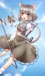  &gt;_&lt; animal_ears bad_id basket blush bobby_socks capelet dowsing_rod dress foreshortening geike highres lens_flare mouse mouse_ears mouse_tail nazrin open_mouth purple_eyes short_hair silver_hair sky socks solo tail touhou violet_eyes 