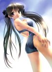  black_hair competition_swimsuit katahira_masashi long_hair looking_back one-piece_swimsuit original red_eyes solo swimsuit twintails 